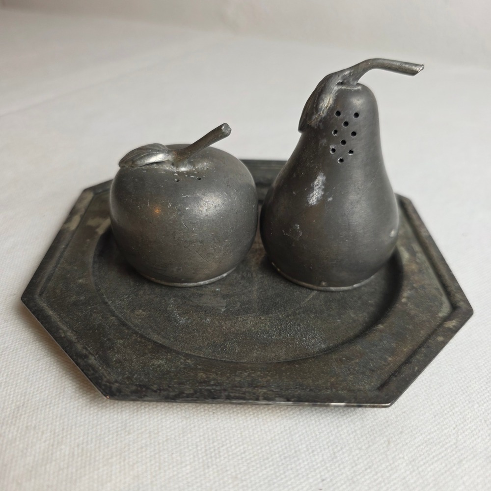 Vintage Web Pewter Apple and Pear Salt and Pepper Shakers Octagonal Tray Set